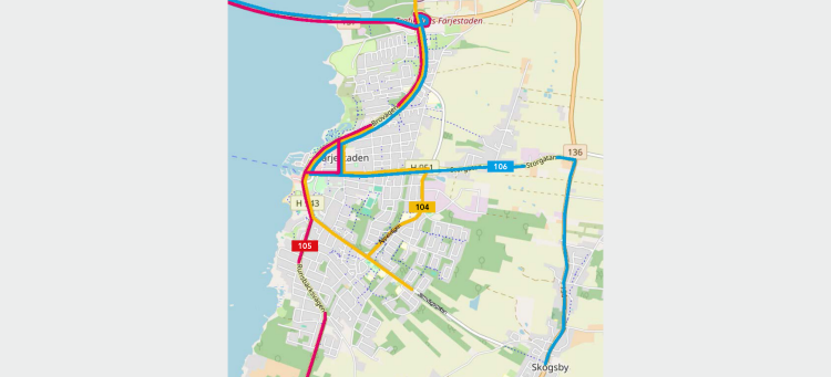 Karta som visar hur linje 104, 105 och 106 trafikerar Färjestaden