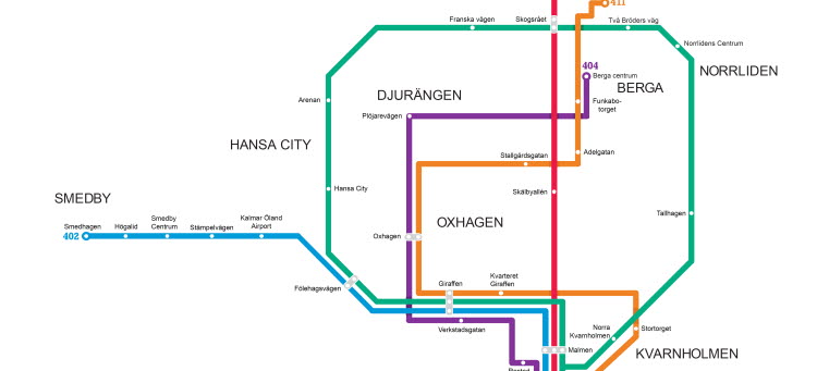 Del av linjekarta över Kalmar stadstrafik